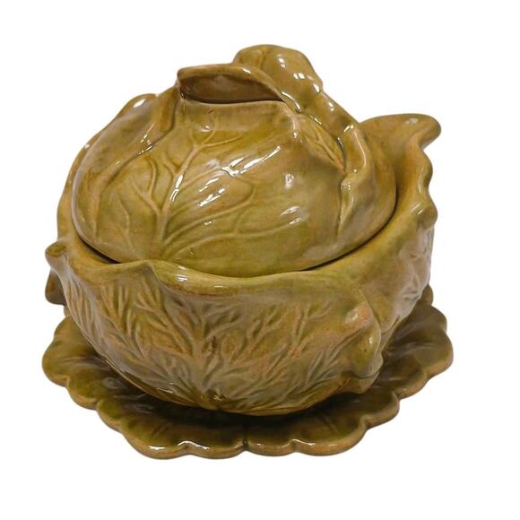 Cabbage Lettuce Turain Serving Bowl Lid Dish Platter Green Ceramic Cottage Farm - Picture 9 of 16